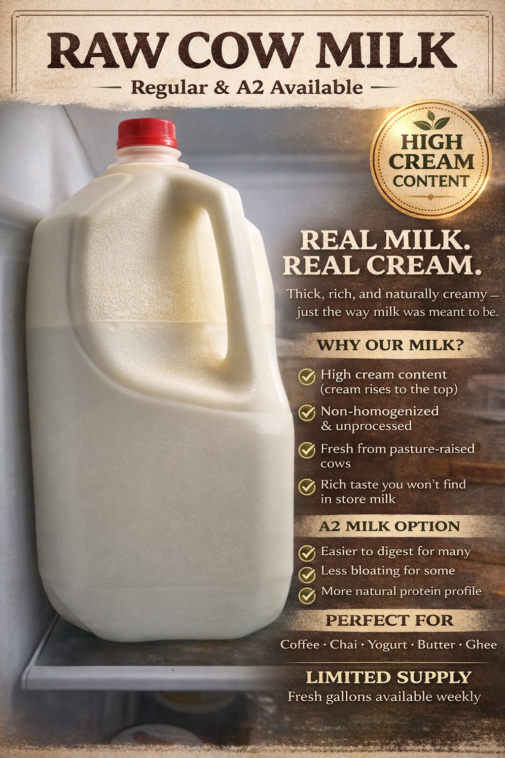 Farm Fresh Raw Cow Milk (Regular and A2 Available)